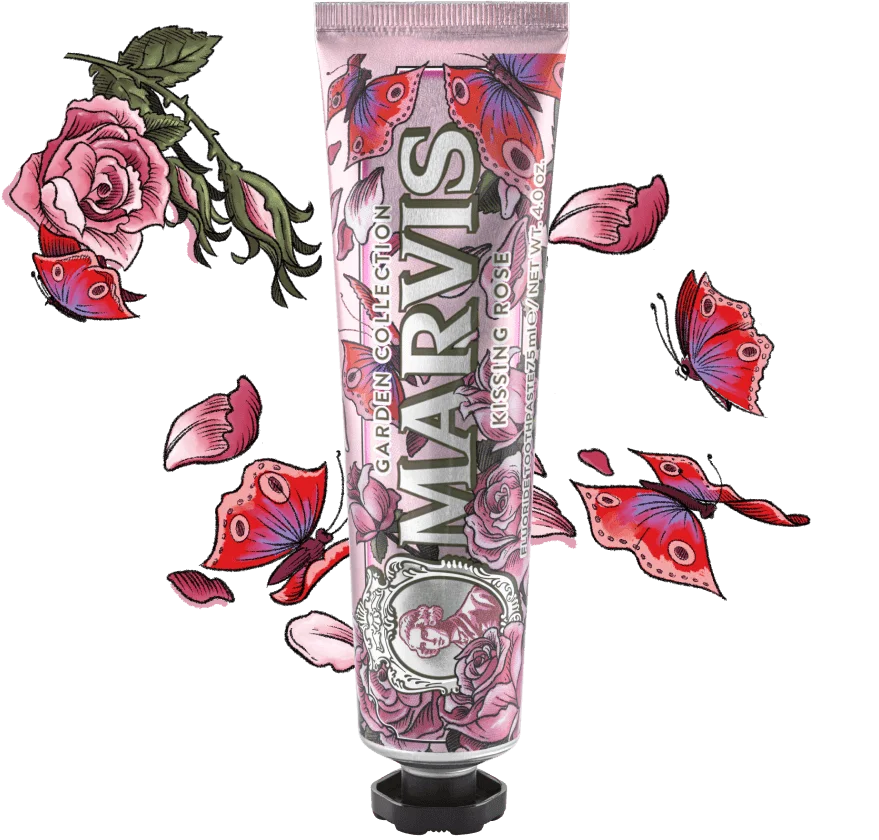 A tube of MARVIS Garden Collection Kissing Rose Toothpaste, decorated with pink roses and red butterflies, shown against a white background with matching decorative illustrations.
