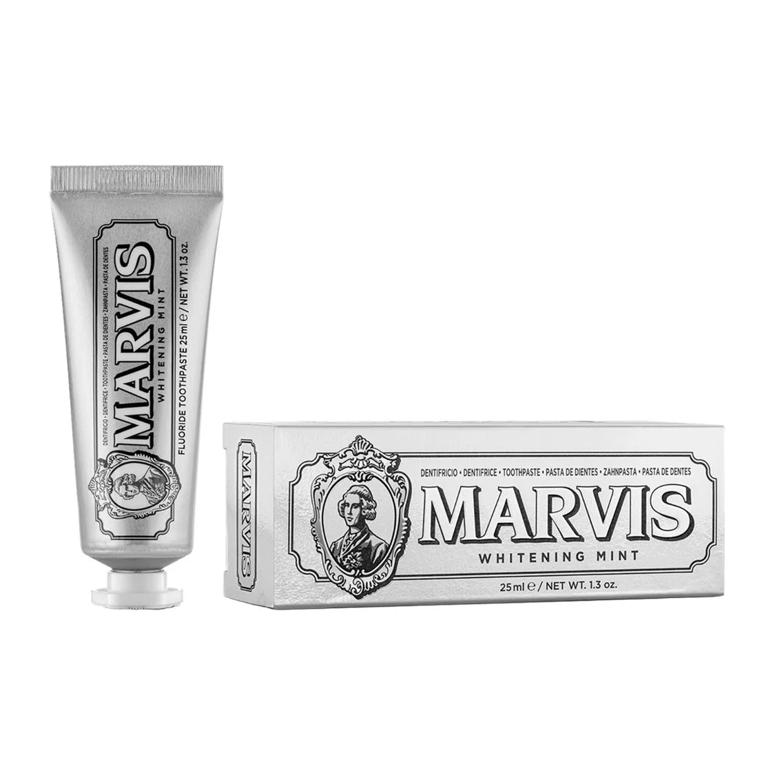 A silver tube of Marvis Whitening Mint toothpaste stands next to its matching silver and white box on a plain white background.