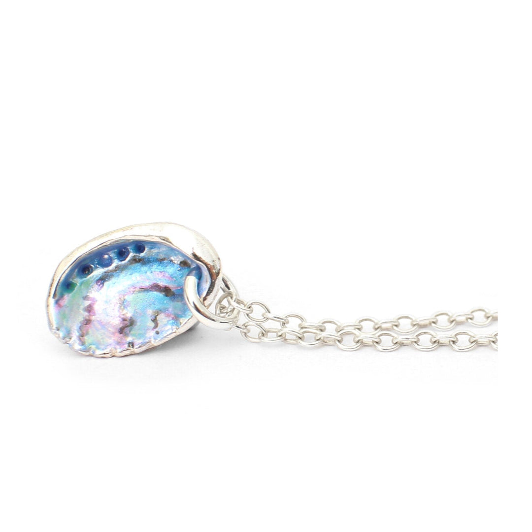 Hanpainted muliticoloured Paua Shell pendant necklace with a silver chain on a white background