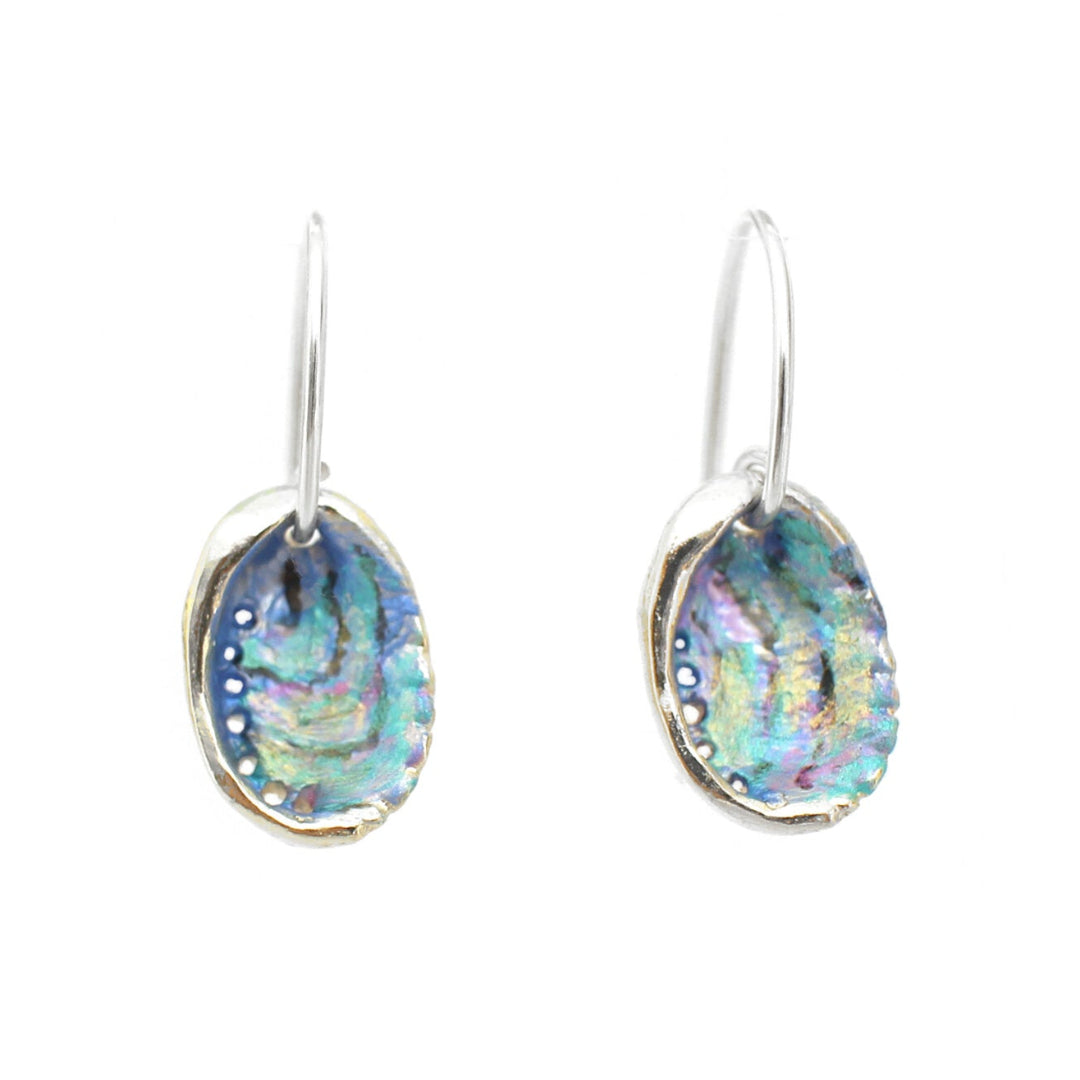 Pair of multicoloured painted silver Paua Shell hook earrings on a white background