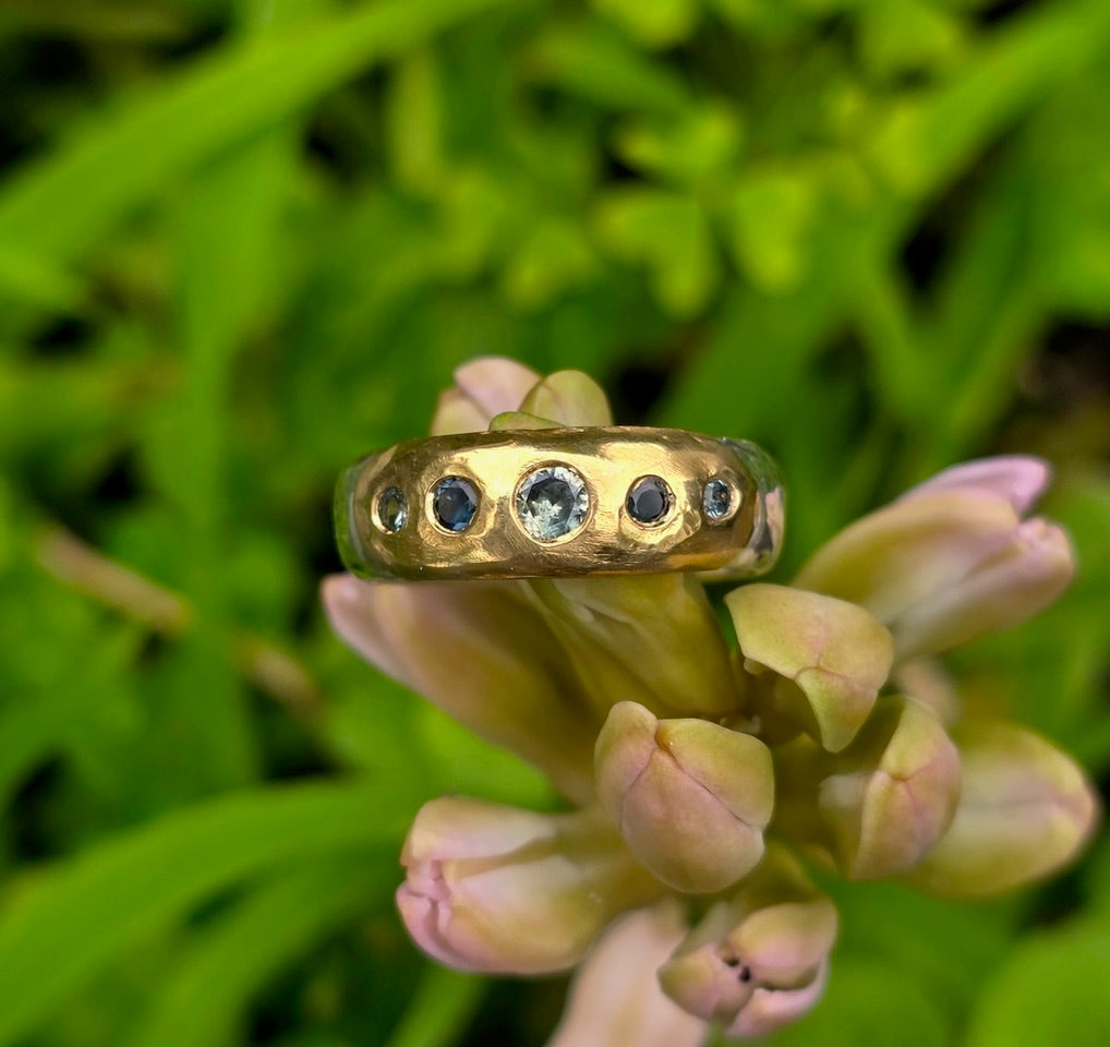 A gold band & silver ring with five small dark round stones and one larger clear center stone, photographed resting on pale pink flower buds with blurred green foliage in the background.