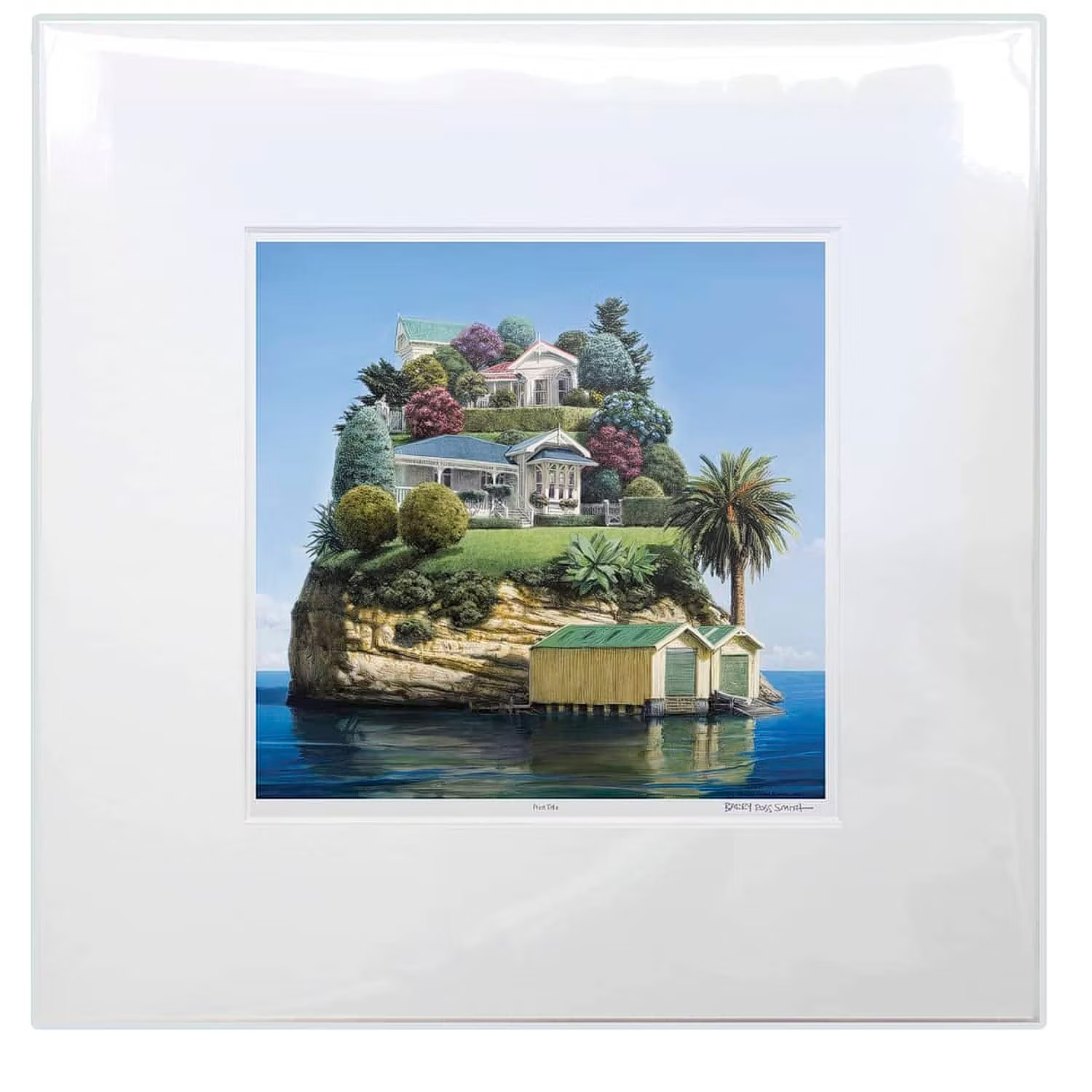 Matboard artwork of a coastal scene with houses and a boat on an island.