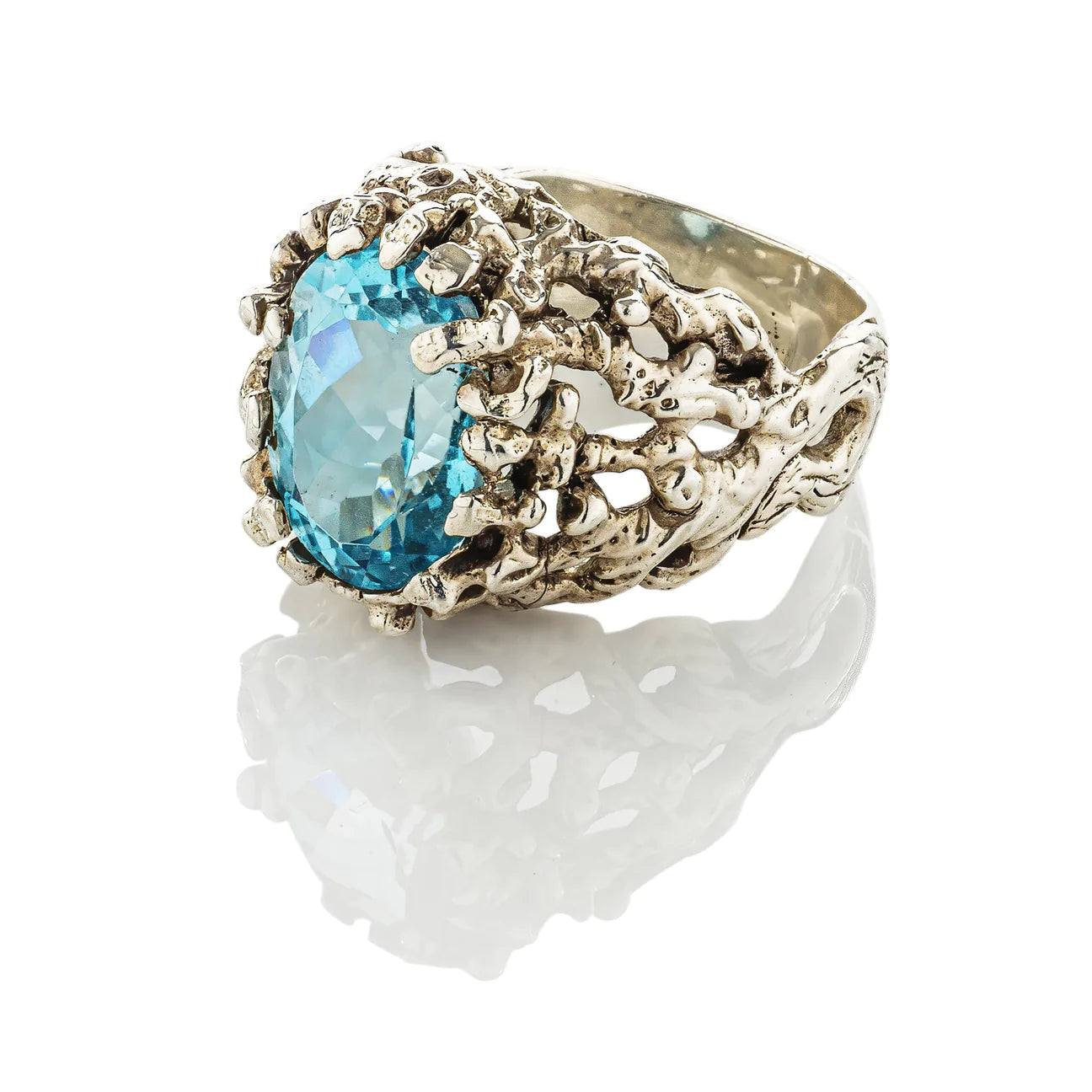 Coral Gemstone Ring Blue Topaz