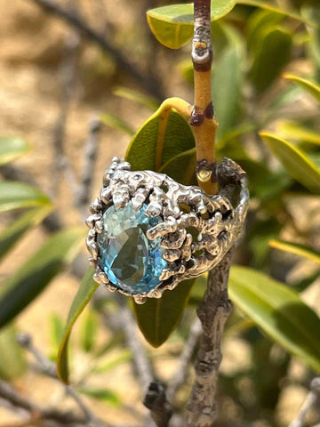 Hand Crafted Coral Gemstone Ring In Blue Topaz By Cadman Rock Next Door Gallery